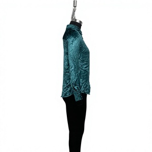 <b>Women's</b> Elegant Long Sleeve <b>Velvet</b> Button Down Shirt Autumn Solid Collar <b>Top</b> - Product Image 3
