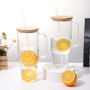 Htpmart 40oz Glass <strong>Tumbler</strong> with Handle Bamboo Lid and <strong>Plastic</strong> Straw Blank Custom <strong>Mason</strong> <strong>Jar</strong> Drinking Cup Travel Mug - Product Image 1