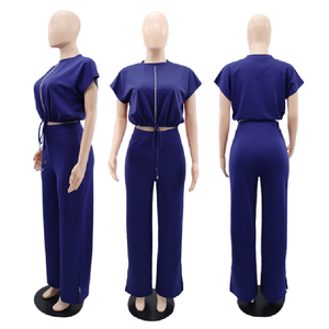 YQY10163 Ensemble <span class=keywords><strong>de</strong></span> survêtement personnalisé pour femme, <span class=keywords><strong>haut</strong></span> court à cordon <span class=keywords><strong>de</strong></span> serrage et pantalon fendu taille haute, idéal pour l'été et le <span class=keywords><strong>jogging</strong></span> - Product Image 5