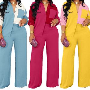 Women's Colorblocking Pocket Casual Shirt Blouse <b>Pants</b> 2 Piece Set Fashion - Product Image 2