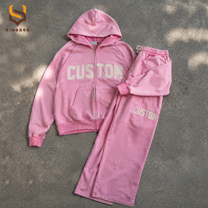 Chándal de hombre con capucha, de algodón pesado lavado, con estampado y bordado, de diseño, con efecto descolorido por el sol, con cremallera, deportivo y personalizado. - Product Image 3