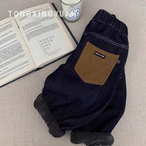 Tongxingyuan Boys Fleece-<b>lined</b> Jeans Straight Leg Winter Casual <b>Pants</b> Cotton Solid Color Kids Denim <b>Pants</b> - Product Image 1