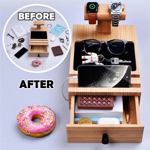 Wooden Storage <b>Box</b> With Drawers Phone Holder Nightstand Organizer Solid Wood Wallet Key Storage Natural Color - Product Image 1