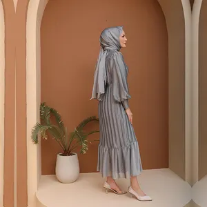 Kustom desain baru hijab lipit set abaya grosir balon berlipat lengan gaun malam pakaian Islami untuk wanita muslim