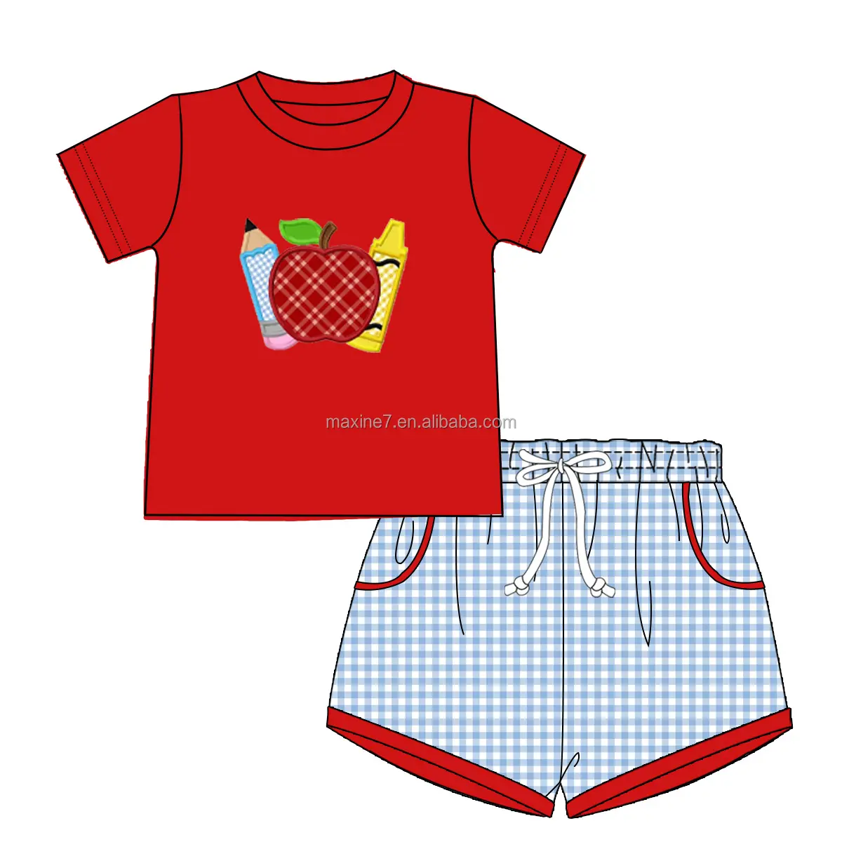 卸売新学期キッズ服鉛筆アップリケ2ピース男の子セット夏ギンガムシアサッカー男の子衣装