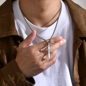 Custom Engraved Logo Stainless Steel Bar Pendant Necklace for Men High Polished <strong>Vertical</strong> Bar with Trendy Link <strong>Chain</strong> - Product Image 4