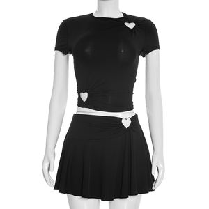 Viviblook Q26ST030 Ensemble d'été pour femmes, nouveau top court sexy à manches courtes, coupe ajustée, jupe mini à découpes en forme de cœur, ensemble deux pièces - Product Image 1