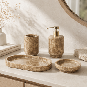 Juego de Accesorios de Baño de 4 Piezas de Mármol Emperador Light, Dispensador de Jabón de Piedra Natural Marrón Claro, Decoración Elegante para Baño - Product Image 2