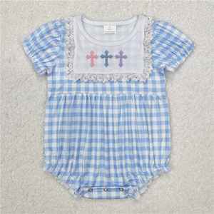 Ropa de Verano para Niñas con Bordado de Cruz de Pascua y Cuadros Azules, Estilo Smocked, en Oferta - Product Image 4