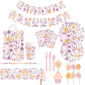 Juego de Vajilla Desechable DAMAI con Diseño de Flores Primaverales, Platos, Vasos y Servilletas de Papel para Fiestas de Cumpleaños - Product Image 1