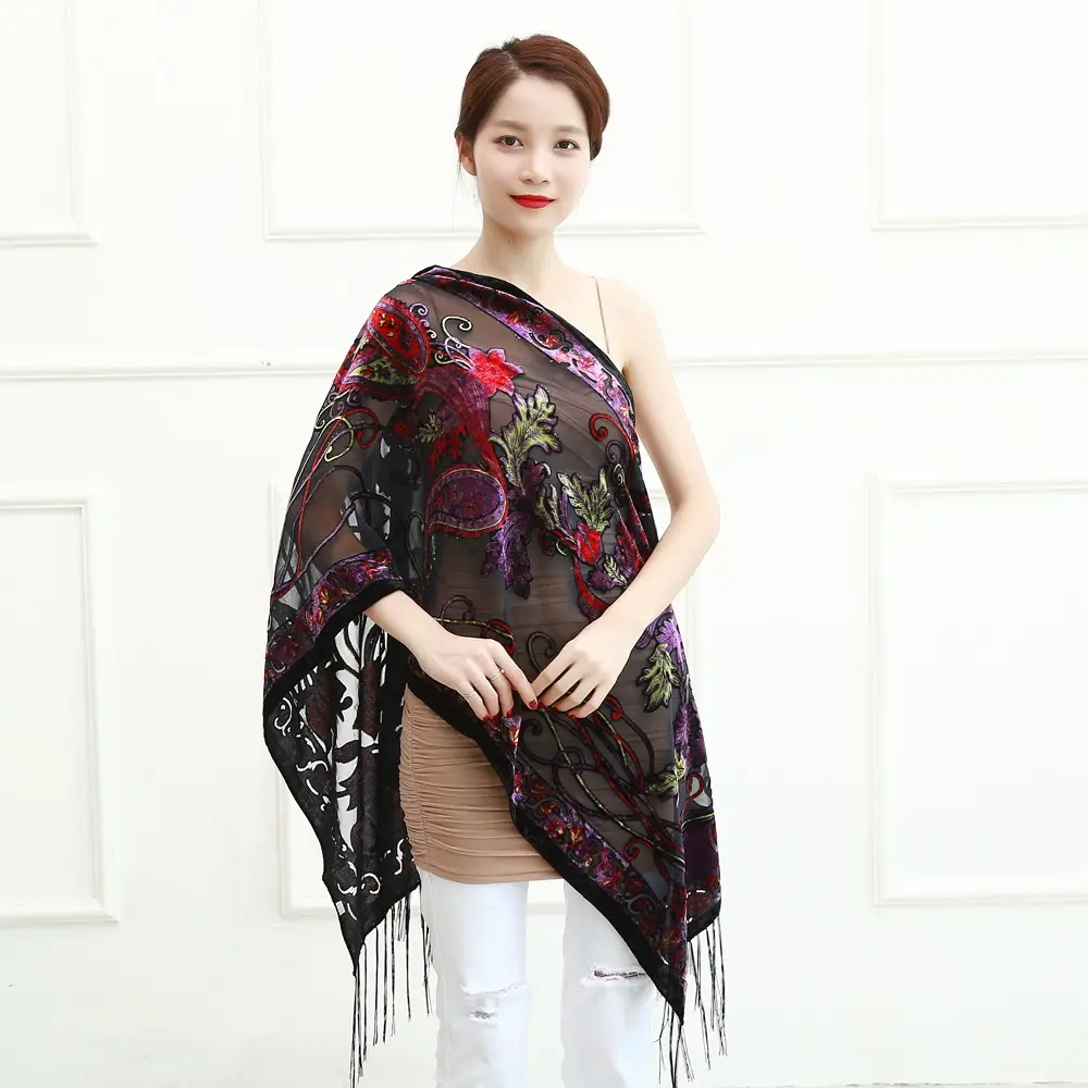 Wholesale 2020 hot sale women satin velvet shawl retro russia style cashew pattern glitter tassel silk velvet scarves