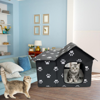 Groothandel Zwarte Oxford Stof Waterdichte Kattenhuis Binnen/Buiten Schuilplaats voor Zwerfkatten Verwijderbaar Kussen Pootpatroon