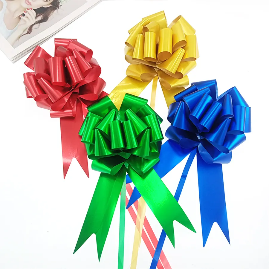 Commercio all'ingrosso personalizzato Pom Pom Pull Bows natale rosso blu oro fiore PP Curling regalo di plastica Pull Bow Ribbon