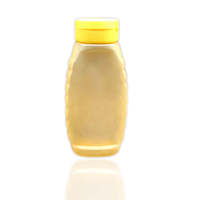 Bouteille plate transparente en PEHD de 350 ml pour miel, sauce tomate ou barbecue, avec bouchon à clapet et décalcomanie