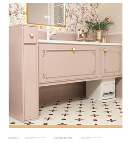 French smart retro <b>pink</b> bathroom cabinet heat-bent integrated storage mirror cabinet solid wood with gold rim - Product Image 3