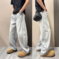 Jean en denim droit personnalisé pour homme, avec rabat superposé, coupe ample, jambe large, effet usé, style Y2K Streetwear Hip Hop, taille mi-haute, coloré