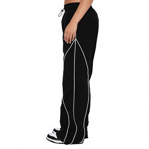 <b>Cheap</b> Price Street Wear Loose Fit Elastic Waist Flat <b>Sand</b> Wash Contrast Strip Light Weight Nylon Women Oversized Workout Flared - Product Image 5