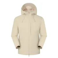 Veste technique imperméable bleu marine minimaliste à coque rigide, avec fermeture éclair bidirectionnelle thermocollée et poches discrètes, cordon de serrage sur la capuche haute, vente en gros