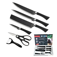 6-delige set scherpe, gegolfde keukenmessen |   RVS koksmessen met schilmesje & schaar |   Ergonomische plastic handgrepen cadeauset