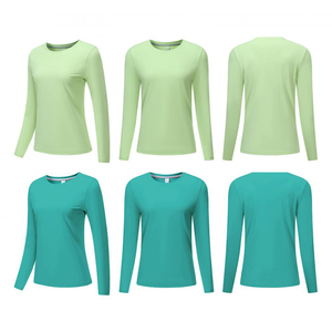 Venta al por mayor de ropa deportiva personalizada de manga larga para mujeres gimnasio camisetas estiramiento cuello redondo sudadera mujeres Fitness camisetas - Product Image 1