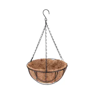 China Factory Cheap Metal Round Wire Plant Holder with Chain Coconut Hanging Basket Planter Coco Fibre Coir Flower Pot