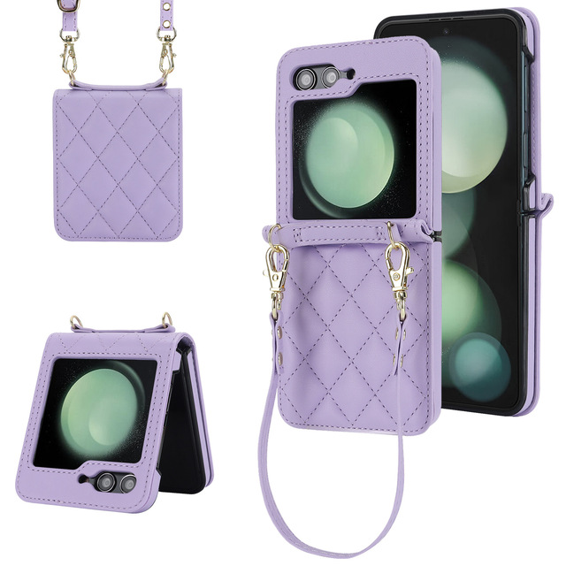 Lady Luxury Crossbody Strap Stitch Leather Phone Case for Samsung Galaxy Z Flip 6 5 4 /MOTO Razr 40 ultra