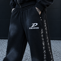 Ensemble de survêtement vintage personnalisé avec strass, fermeture éclair, effet délavé, sweat à capuche et pantalon de survêtement à jambe droite pour homme