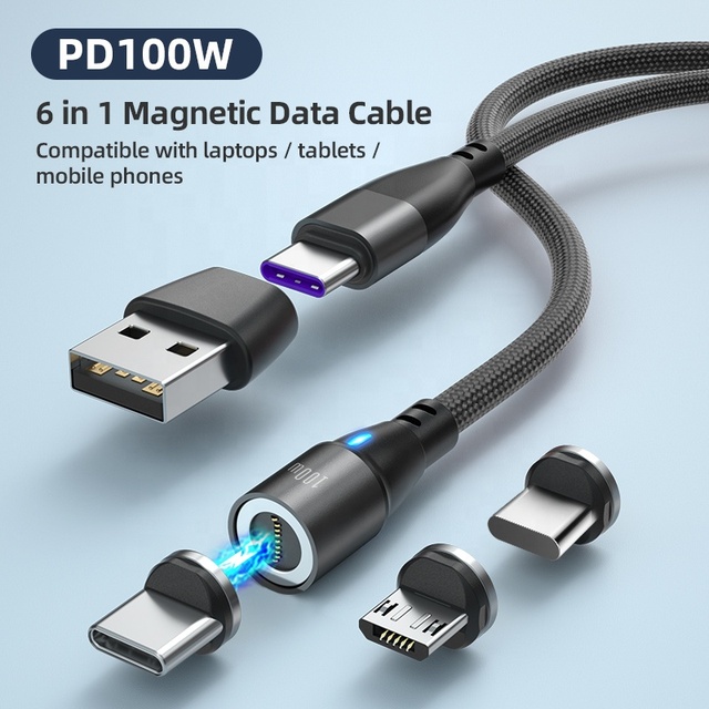 Hot Trending 6 in 1 Multi-functional 5A Cell Phone 360 Degree Rotating Data Magnetic Charging Cable Type C Fast Charge