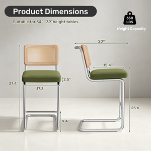 Taburete de Bar Moderno con Respaldo de Ratán, Estructura de Acero Suspendida en Cantilever, Asiento Acolchado para Isla de Cocina, Hogar, Bistro - Product Image 5