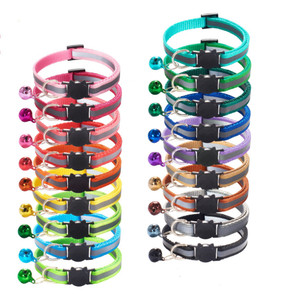 New Designs Fashion 18 Colors Soft Adjustable reflective Pet Accessories Collar Breakaway Buckle solid Cat Collar with Bell