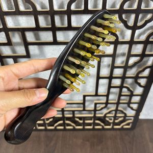 Purple Sandalwood Ram's Horn Scalp <b>Massage</b> Comb With Curved Handle And Insert Teeth For <b>Head</b> Meridians 15-20Cm - Product Image 1
