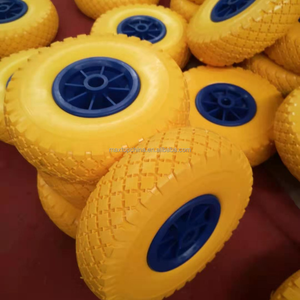 Ruota per carriola in schiuma PU gialla da 10 pollici (3.00-4, 260x75mm) del produttore con cerchio in plastica rossa, cuscinetto a rulli da 20mm, lunghezza mozzo 75mm - Product Image 6