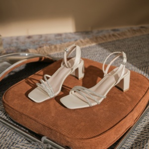 Sandalias de tacón medio de satén con pedrería y cordones, estilo club/boda, punta abierta, ligeras, para verano, para exteriores, color verde eterno - Product Image 4