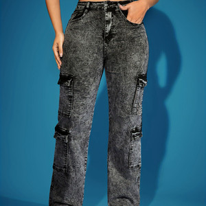 Jean noir délavé pour femme - Pantalon en denim à jambes larges multi-poches tendance - Product Image 2