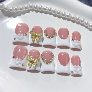 <span class=keywords><strong>Uñas</strong></span> postizas de pato blanco con <span class=keywords><strong>punta</strong></span> francesa corta, acrílicas, con diseño de purpurina 3D, hechas a mano, con pegamento - Product Image 4