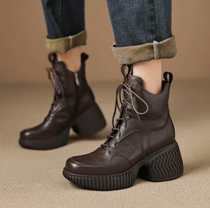 Chaussures à talons hauts pour femmes, bout pointu, en cuir véritable souple, talon bloc, fermeture à enfiler, semelle extérieure en caoutchouc, nouvelle collection automne-printemps - Product Image 2