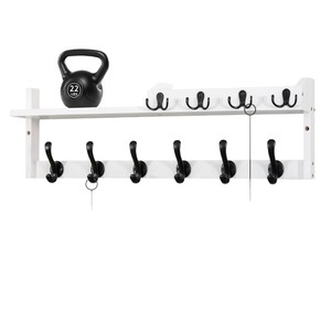 Wooden <b>Wall</b> <b>Mounted</b> <b>Shelf</b> With Hooks 2 Tier Solid Wood Storage Rack For Coat Key Hat Bedroom Entryway Organization - Product Image 3