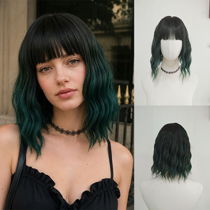 Perruque synthétique ondulée vert foncé résistante à la chaleur <span class=keywords><strong>avec</strong></span> <span class=keywords><strong>frange</strong></span>, ligne de cheveux naturelle, sans colle, réglable, filet en maille rose - Product Image 4