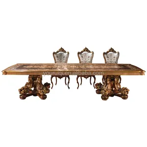 Personalizado de lujo mesa de caoba tallada mesa de comedor de madera maciza antiguo Regal de mesa de banquete con marquetería con incrustaciones de mesa