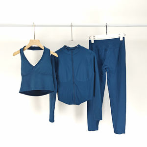 Venta caliente Fitness mujeres conjunto de Yoga sin costuras entrenamiento de compresión correr gimnasio activo desgaste transpirable secado rápido conjunto de chaqueta de 3 piezas - Product Image 1