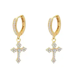 AAA Gems 10k Gold Earrings Dangling Antique Cross Hoop Earrings VVS Moissanite Earrings
