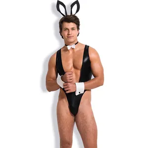 Atacado top quality coelho preto halloween traje animal cosplay para adultos homens sexy teddy role play trajes