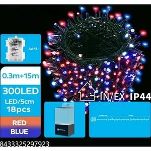 Guirlandes lumineuses LED à piles 3AA, 300 lumières, 15m, 5cm entre les lumières, IP44, couleur rouge et bleue, avec 8 fonctions de clignotement - Product Image 1