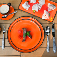 Service de vaisselle en porcelaine P&T Orange Vibrant avec bordure noire, assiettes à pizza et à steak pour la restauration en gros