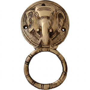 Battant de porte en laiton antique en forme d'éléphant avec plaque arrière ronde ornée, battant de porte en laiton artisanal vintage en forme de tête d'éléphant indien - Product Image 1