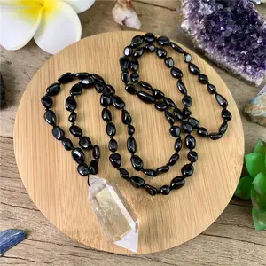 LS-A232 Black Tourmaline Chips Beads Knotted Necklace,Natural White Quartz Pendants Healing Crystal Necklace,Mala Beads necklace