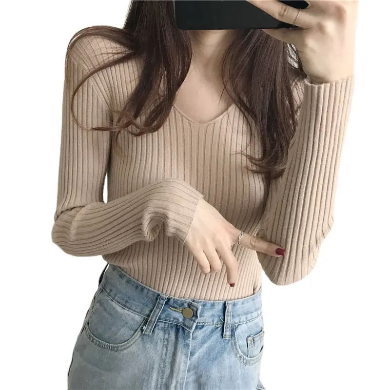 Atasan lengan panjang wanita, Sweater rajutan leher V musim dingin dan Gugur dengan Turtleneck bergaris Pullover Slim Fit