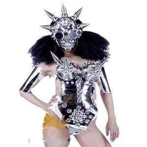 Future Nightclub Performance Armor Girl Space Dance Costume Avec Miroir Doré Lumière LED Pointes Métalliques <span class=keywords><strong>GOGO</strong></span> pour Adultes - Product Image 2