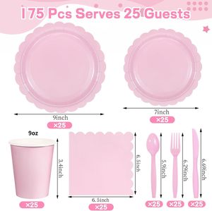 Nouvel ensemble de vaisselle jetable en papier rose en dentelle pour fête d'<span class=keywords><strong>anniversaire</strong></span> de fille, couleur unie, 175 pièces, assiettes en papier, gobelets en papier, serviettes en papier - Product Image 2