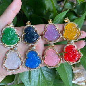 Kalung liontin HipHop tertawa, untuk pria wanita, liontin Maitreya giok emas senyum buddha - Product Image 1